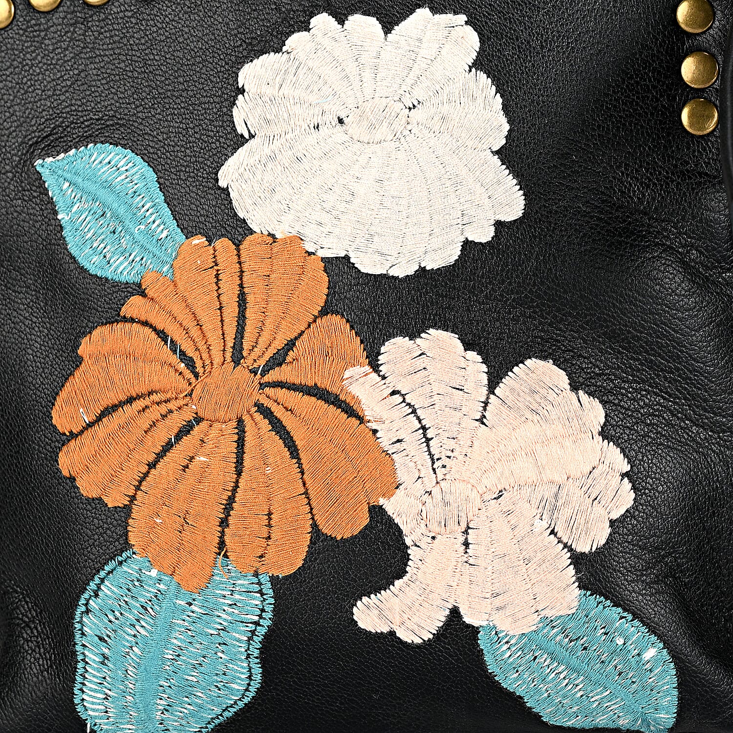 La Marey Genuine Leather Embroidery Handbag with Crossbody Shoulder Strap - Black