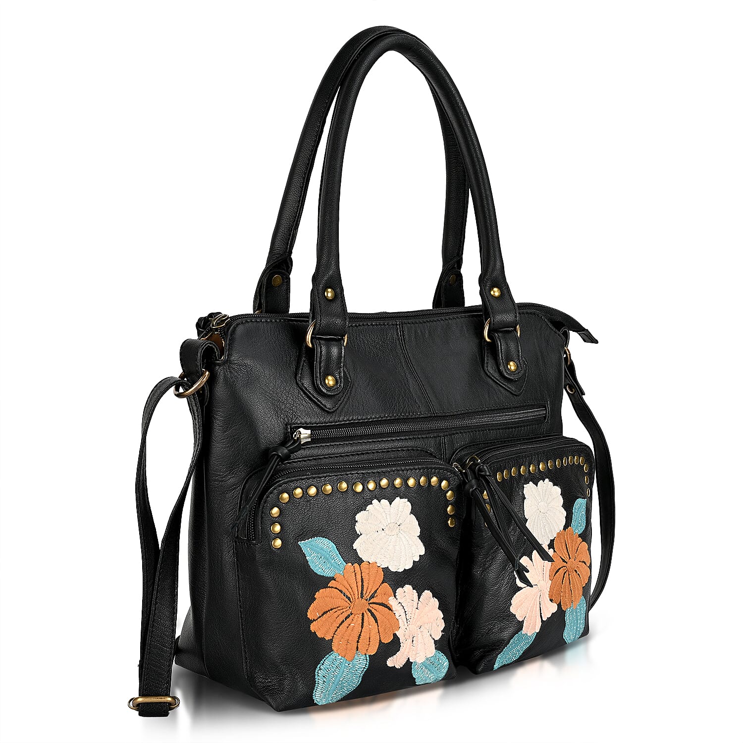 La Marey Genuine Leather Embroidery Handbag with Crossbody Shoulder Strap - Black