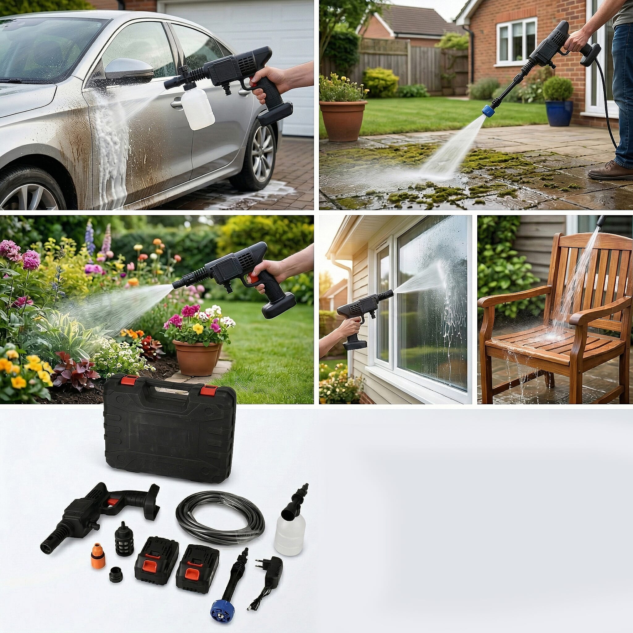 Cordless High-Power Pressure Washer - 260W Portable Jet Wash with 2x 6000mAh Batteries, 5m Hose & Foam Pot Cleaning Kit - Black