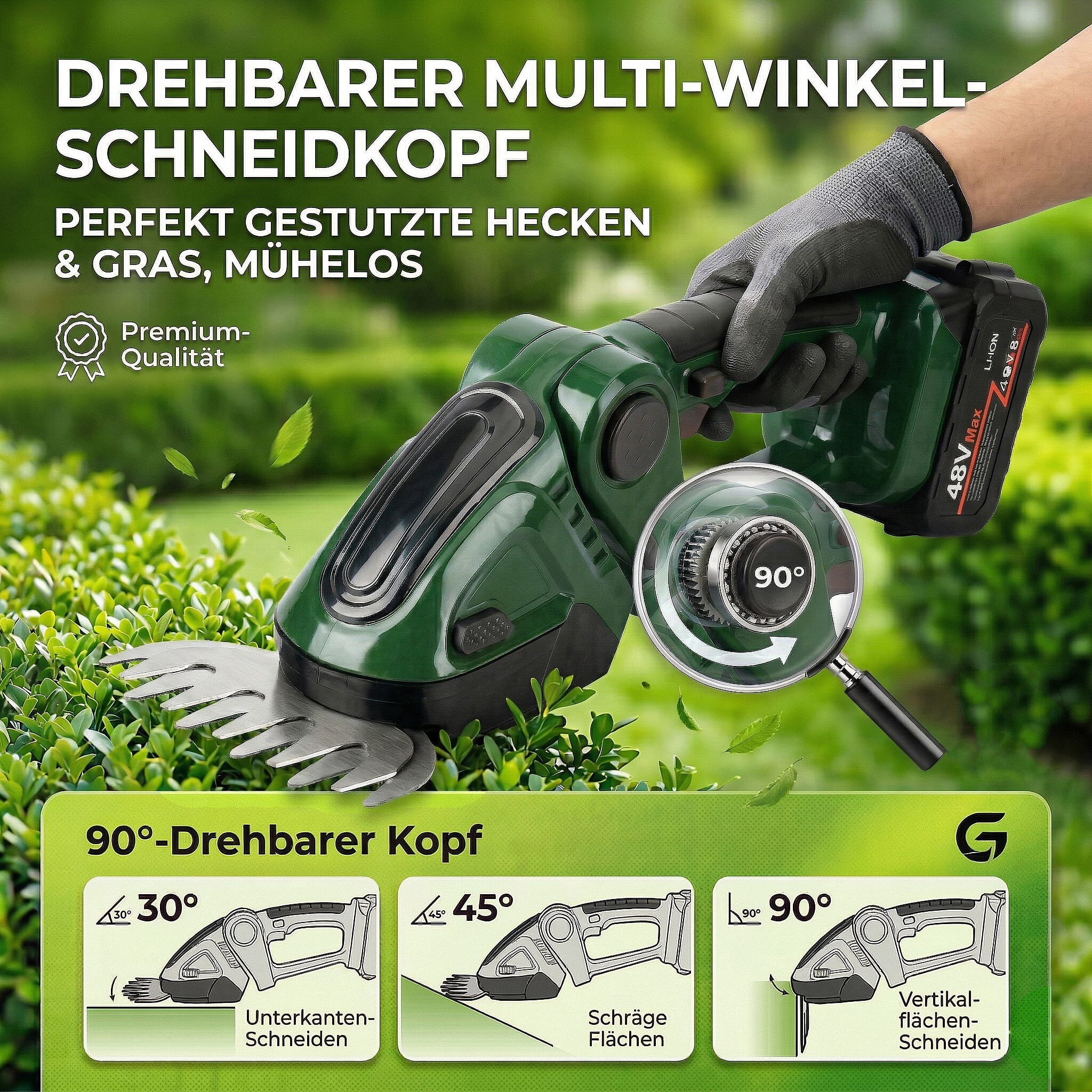 Cordless High-Power Grass Shear - Electric Shrub Trimmer with Battery - Dark Green