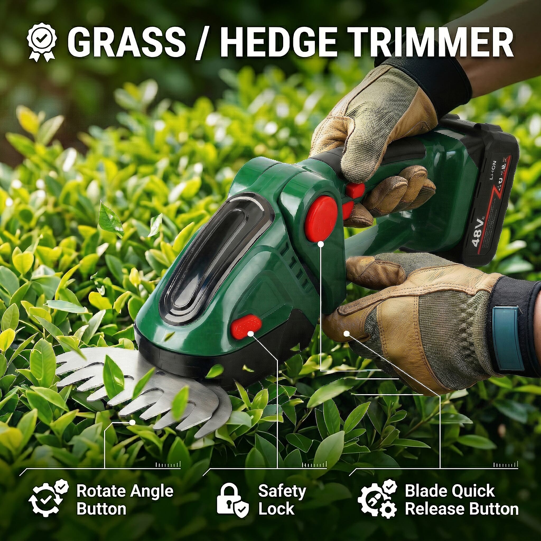 Cordless High-Power Grass Shear - Electric Shrub Trimmer with Battery - Dark Green