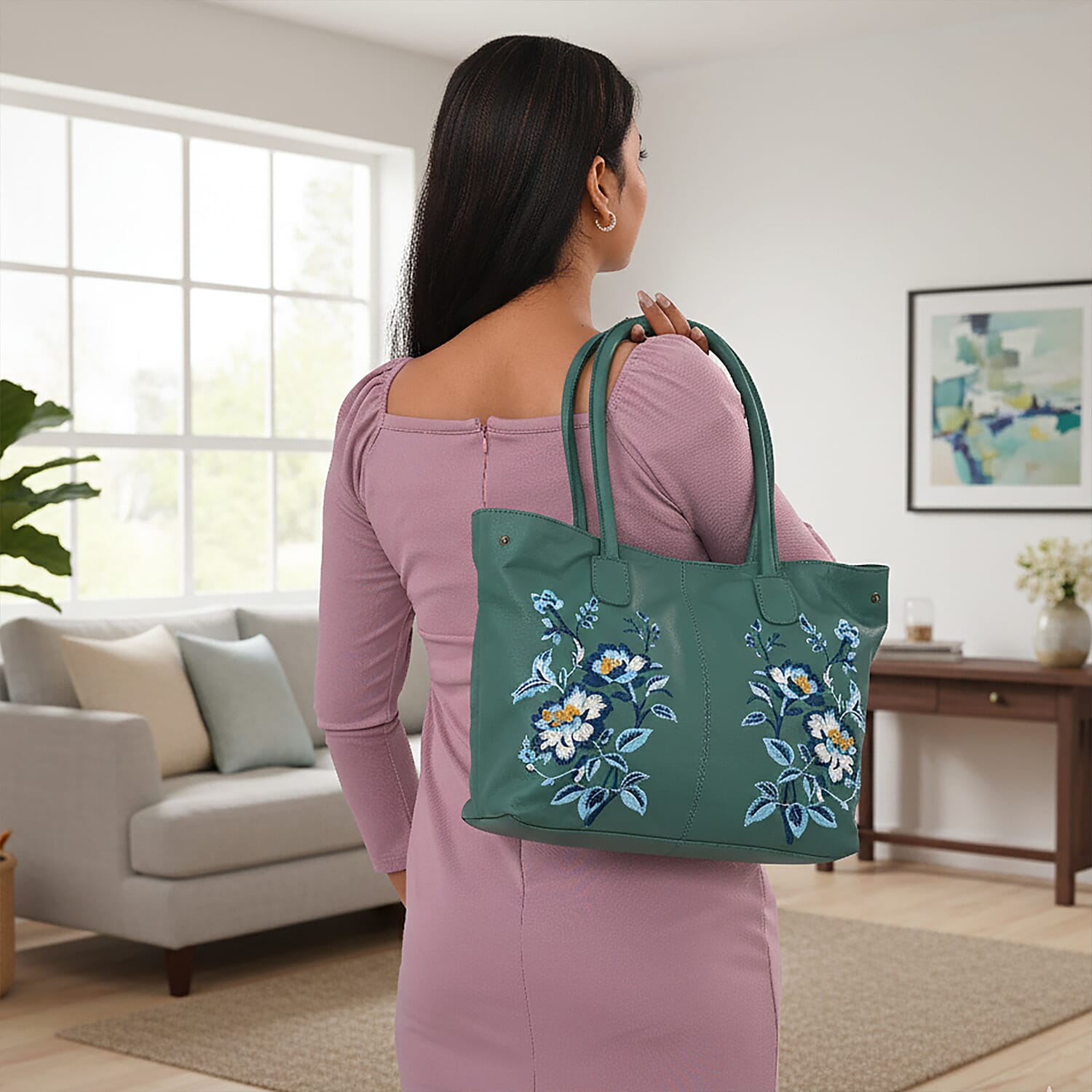 La Marey Leather Embroidery Tote Bag (Size 45x27x10 cm) - Turquoise