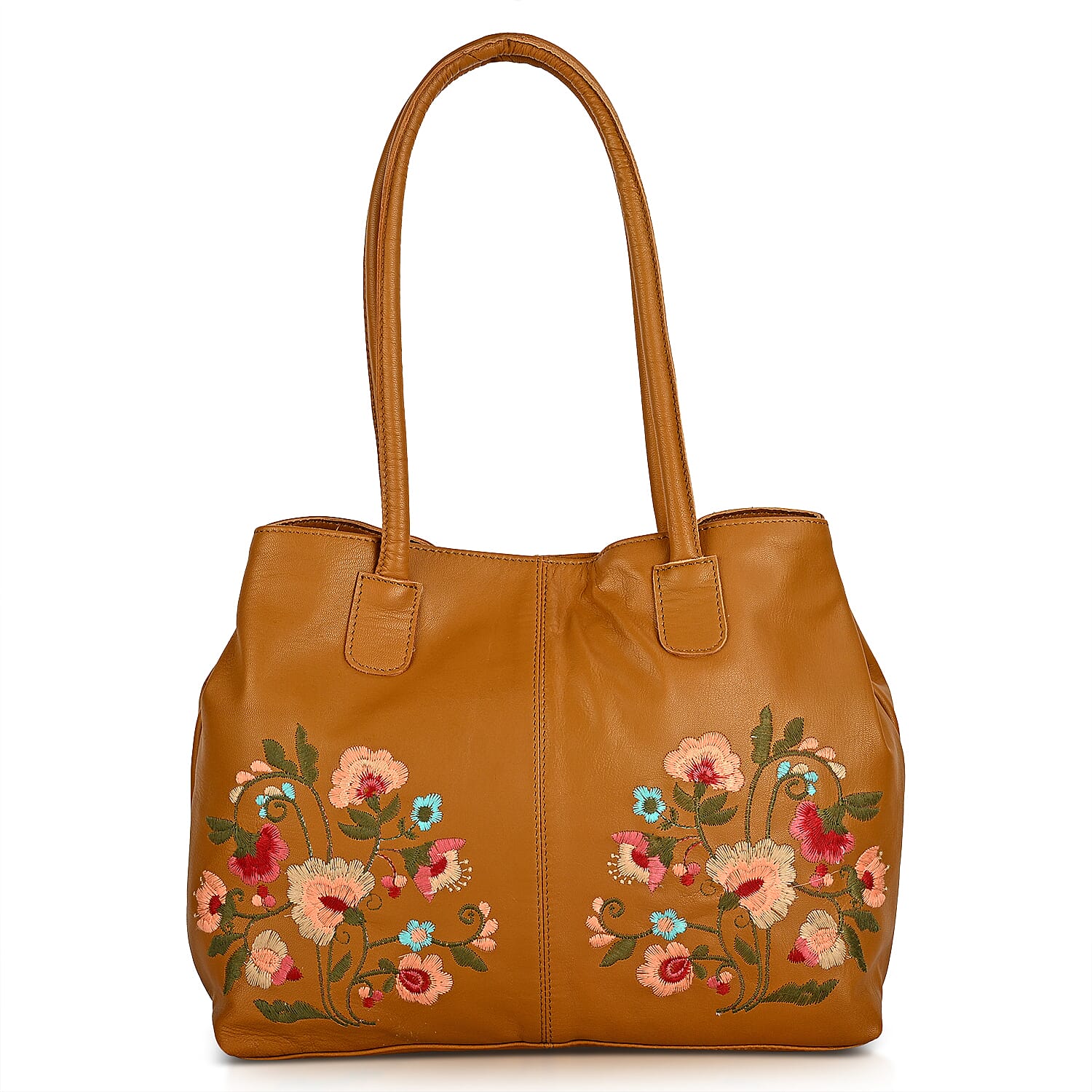 La Marey Leather Embroidery Tote Bag (Size 45x27x10 cm) - Tan