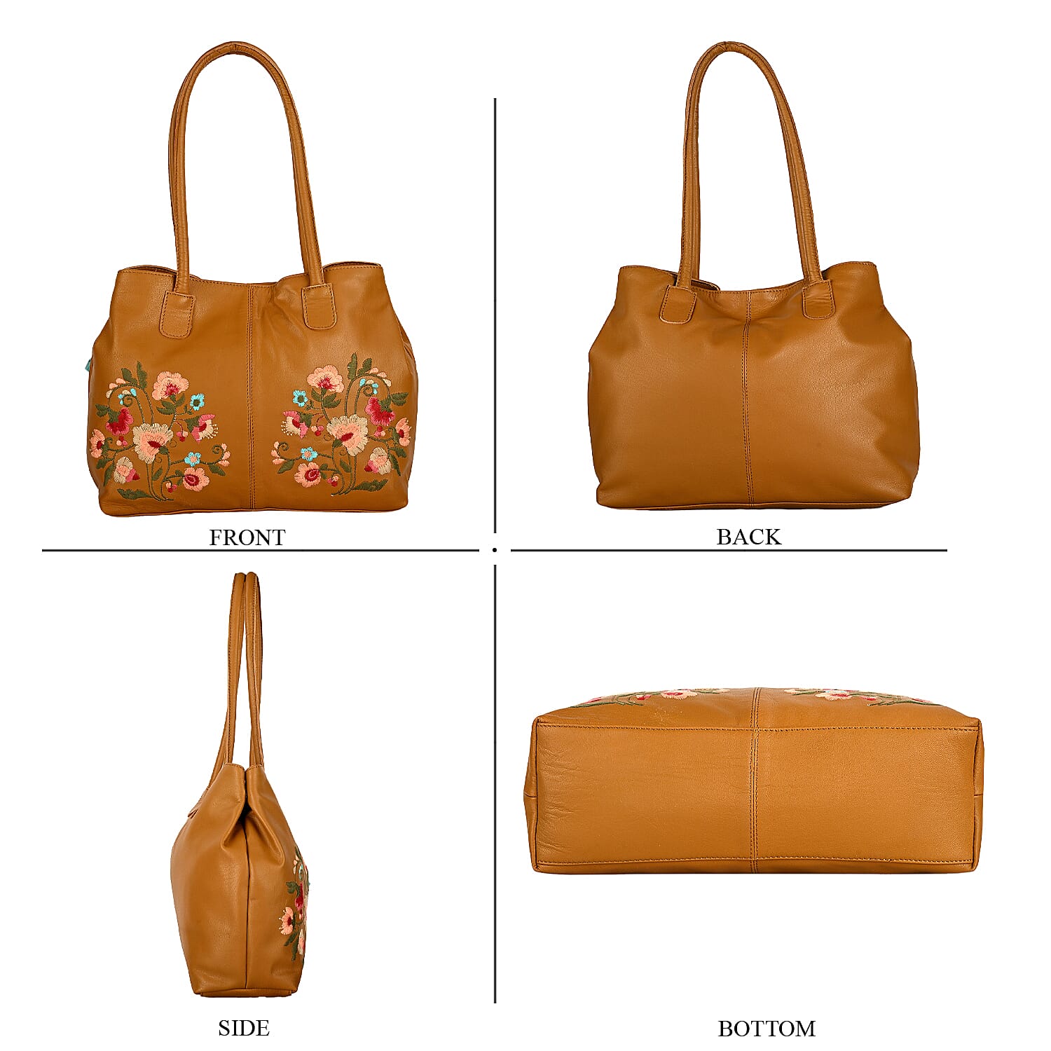 La Marey Leather Embroidery Tote Bag (Size 45x27x10 cm) - Tan