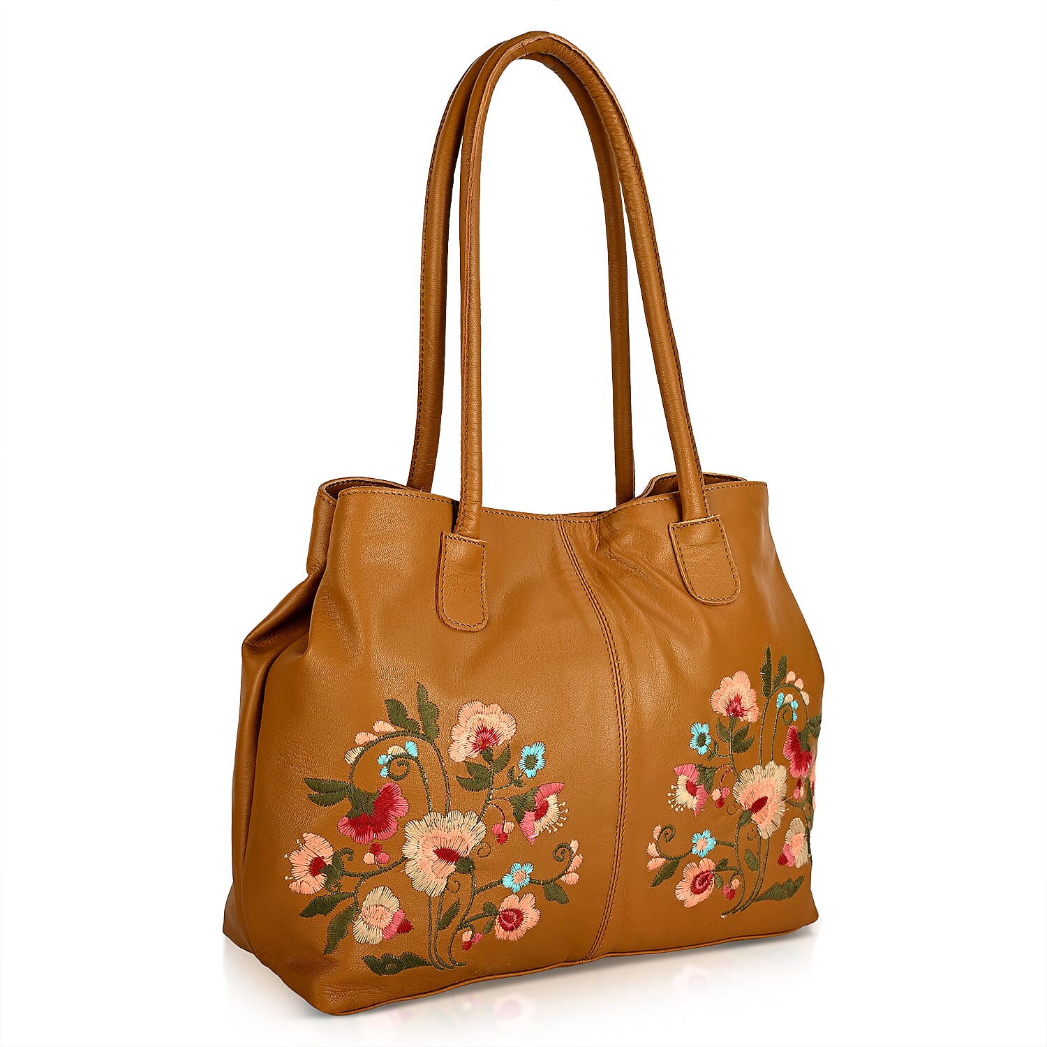 La Marey Leather Embroidery Tote Bag (Size 45x27x10 cm) - Tan