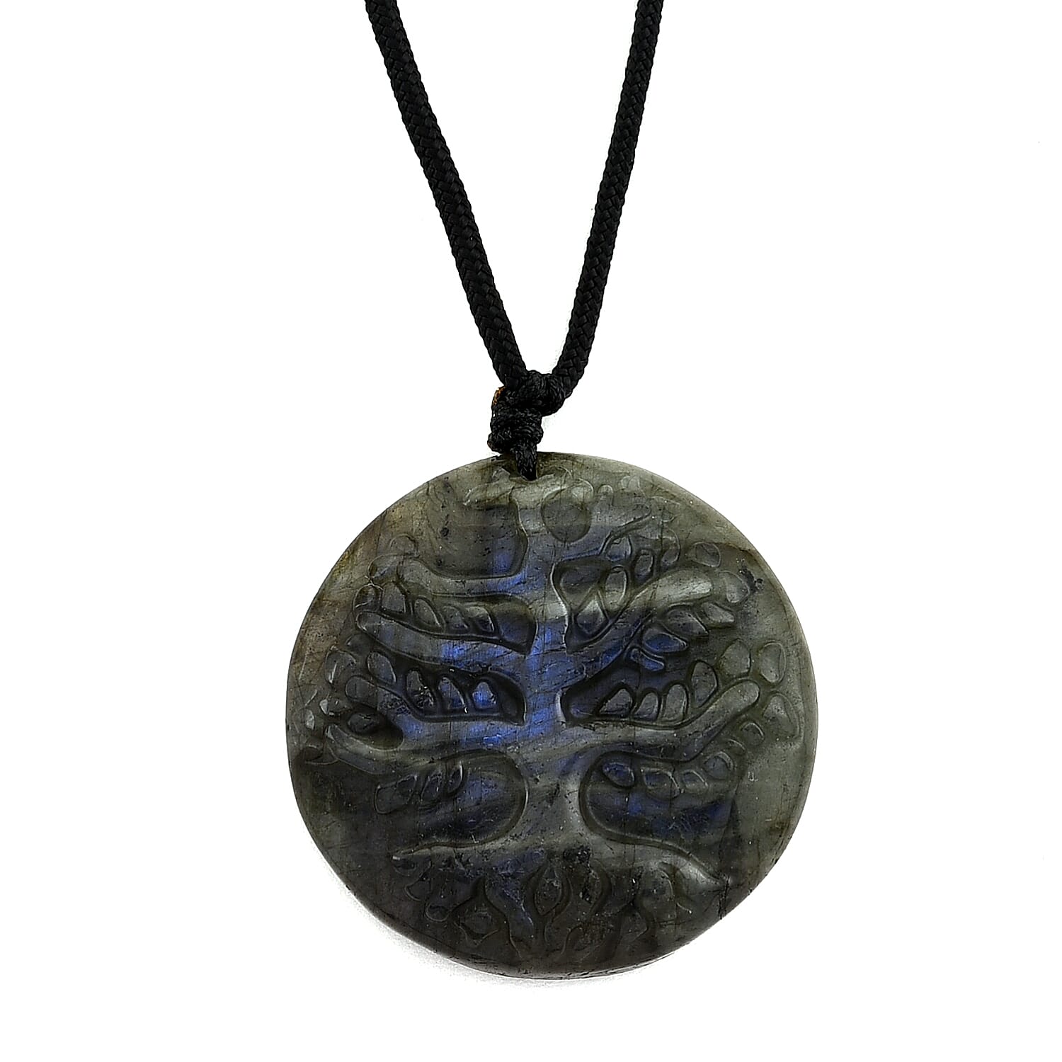 Natural Labradorite Carved Necklace with Adjustable Cotton Thread (Up to Size 28) 85.00 Ct. - Tree