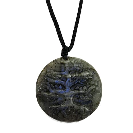 Natural Labradorite Carved Necklace with Adjustable Cotton Thread (Up to Size 28) 85.00 Ct. - Tree