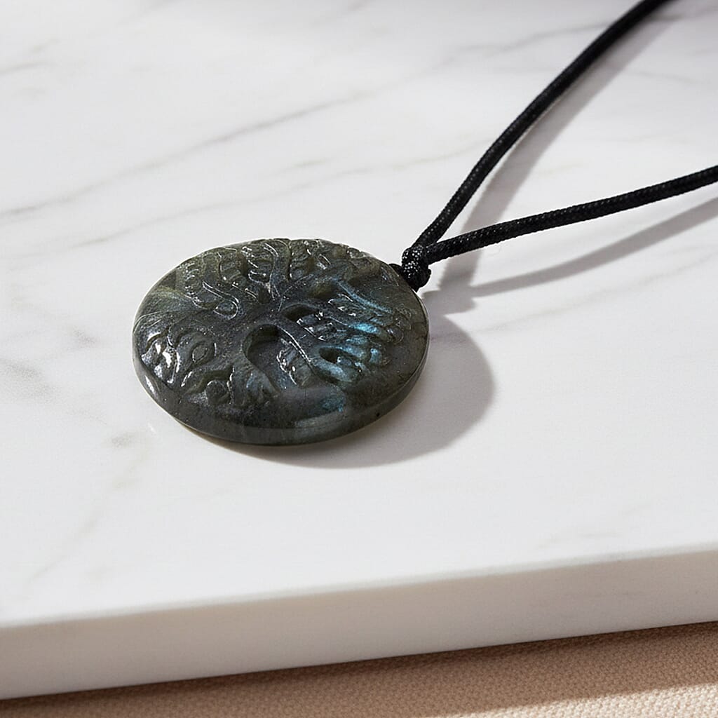 Natural Labradorite Carved Necklace with Adjustable Cotton Thread (Up to Size 28) 85.00 Ct. - Tree