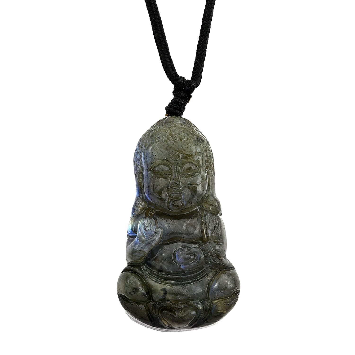 Natural Labradorite Carved Necklace with Adjustable Cotton Thread (Up to Size 28) 85.00 Ct. - Buddha
