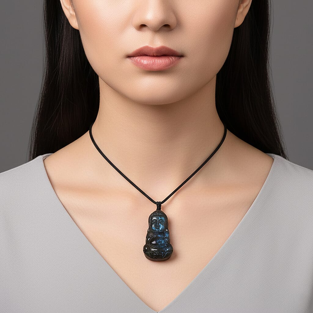 Natural Labradorite Carved Necklace with Adjustable Cotton Thread (Up to Size 28) 85.00 Ct. - Buddha