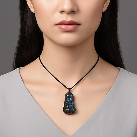 Natural Labradorite Carved Necklace with Adjustable Cotton Thread (Up to Size 28) 85.00 Ct. - Buddha