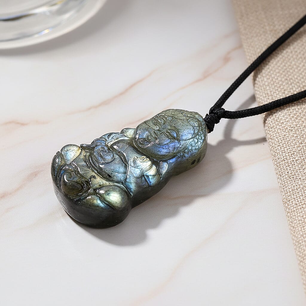 Natural Labradorite Carved Necklace with Adjustable Cotton Thread (Up to Size 28) 85.00 Ct. - Buddha