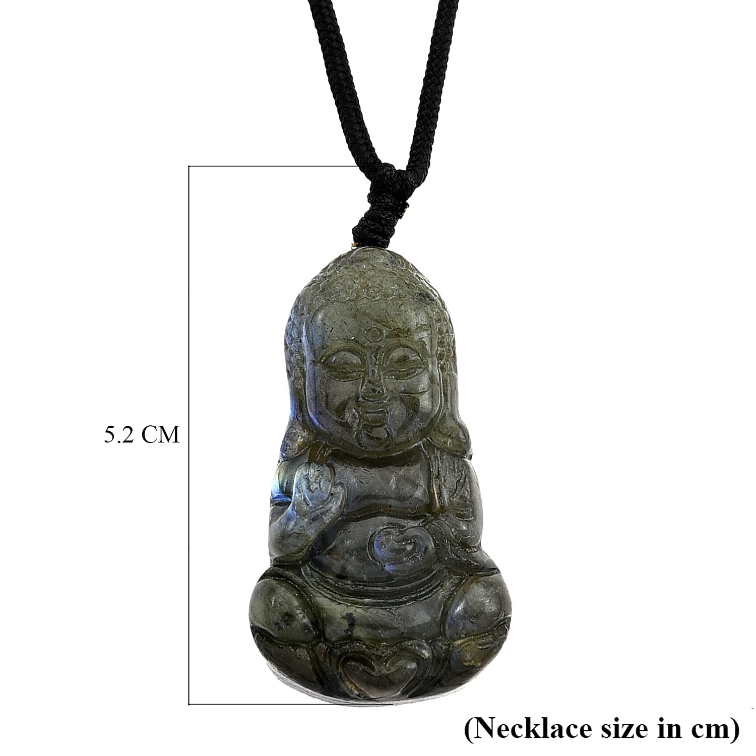 Natural Labradorite Carved Necklace with Adjustable Cotton Thread (Up to Size 28) 85.00 Ct. - Buddha