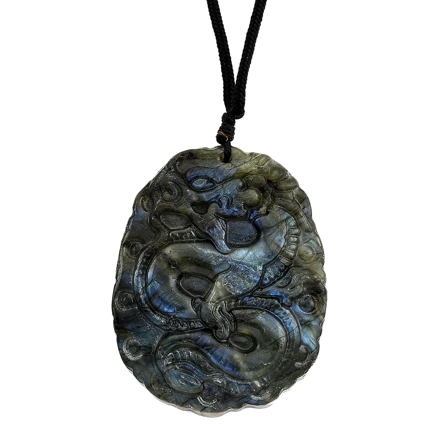 Natural Labradorite Carved Necklace with Adjustable Cotton Thread (Up to Size 28) 200.00 Ct. - Dragon