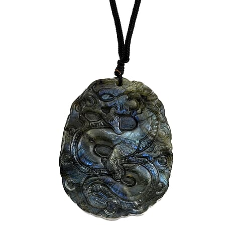 Natural Labradorite Carved Necklace with Adjustable Cotton Thread (Up to Size 28) 200.00 Ct. - Dragon