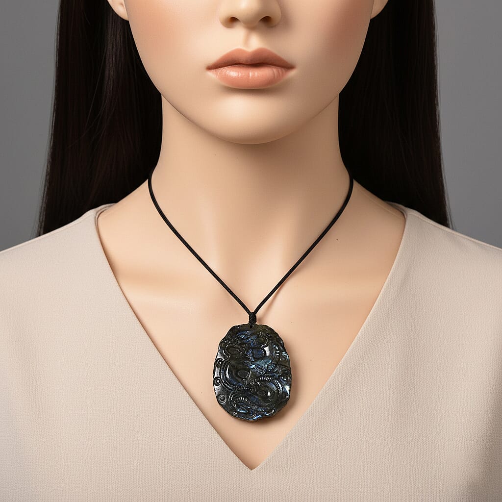 Natural Labradorite Carved Necklace with Adjustable Cotton Thread (Up to Size 28) 200.00 Ct. - Dragon