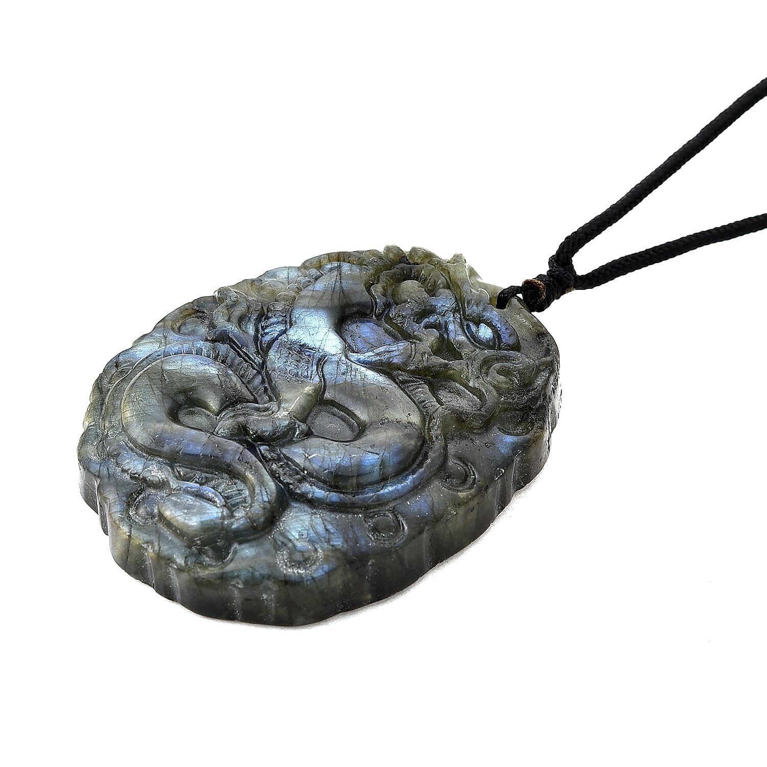 Natural Labradorite Carved Necklace with Adjustable Cotton Thread (Up to Size 28) 200.00 Ct. - Dragon