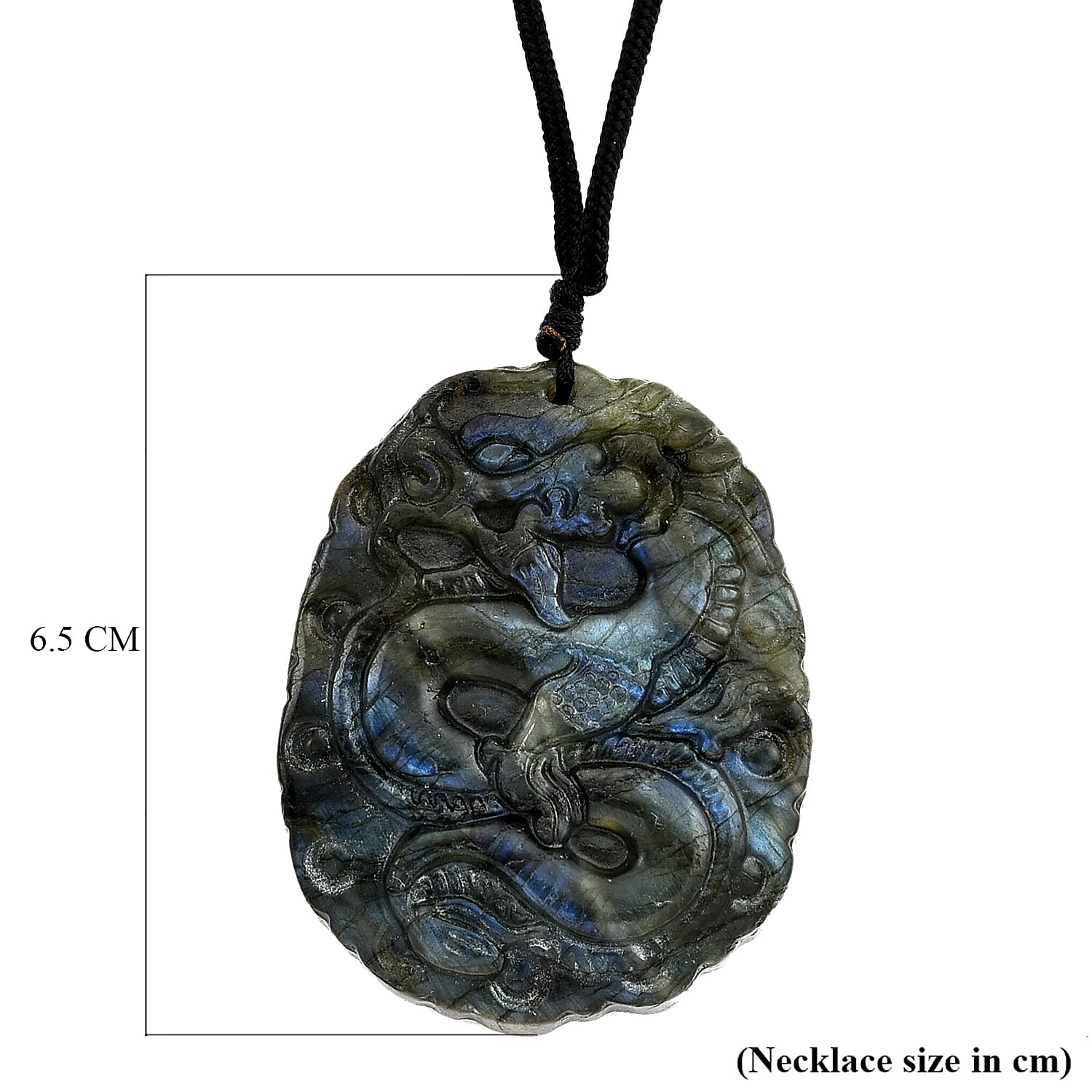 Natural Labradorite Carved Necklace with Adjustable Cotton Thread (Up to Size 28) 200.00 Ct. - Dragon