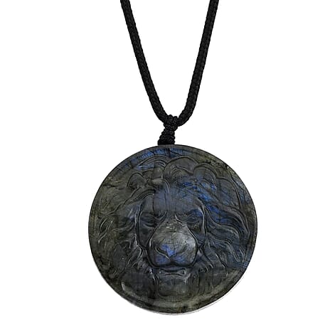 Natural Labradorite Carved Necklace with Adjustable Cotton Thread (Up to Size 28) 140.00 Ct. - Lion