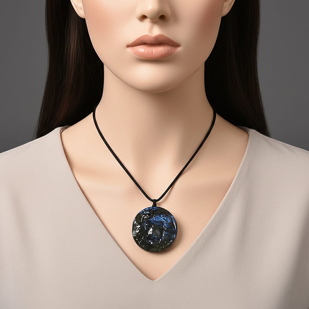 Natural Labradorite Carved Necklace with Adjustable Cotton Thread (Up to Size 28) 140.00 Ct. - Lion