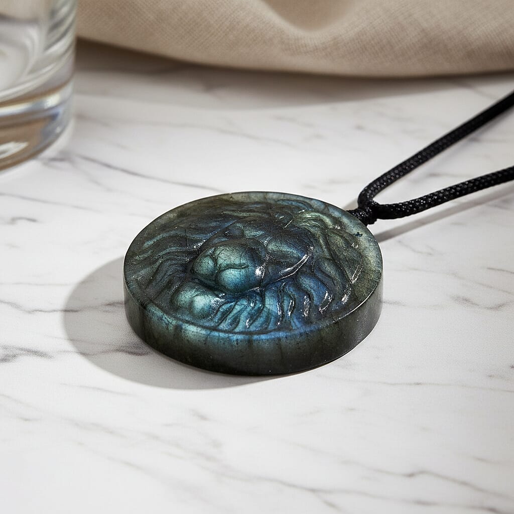 Natural Labradorite Carved Necklace with Adjustable Cotton Thread (Up to Size 28) 140.00 Ct. - Lion