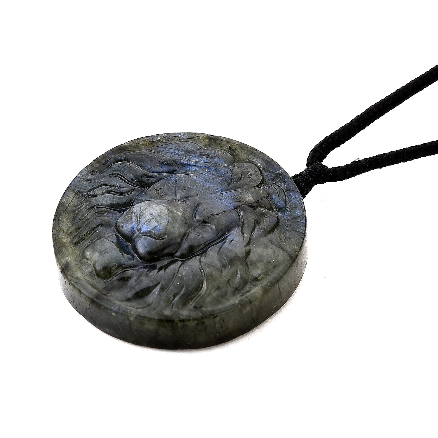 Natural Labradorite Carved Necklace with Adjustable Cotton Thread (Up to Size 28) 140.00 Ct. - Lion