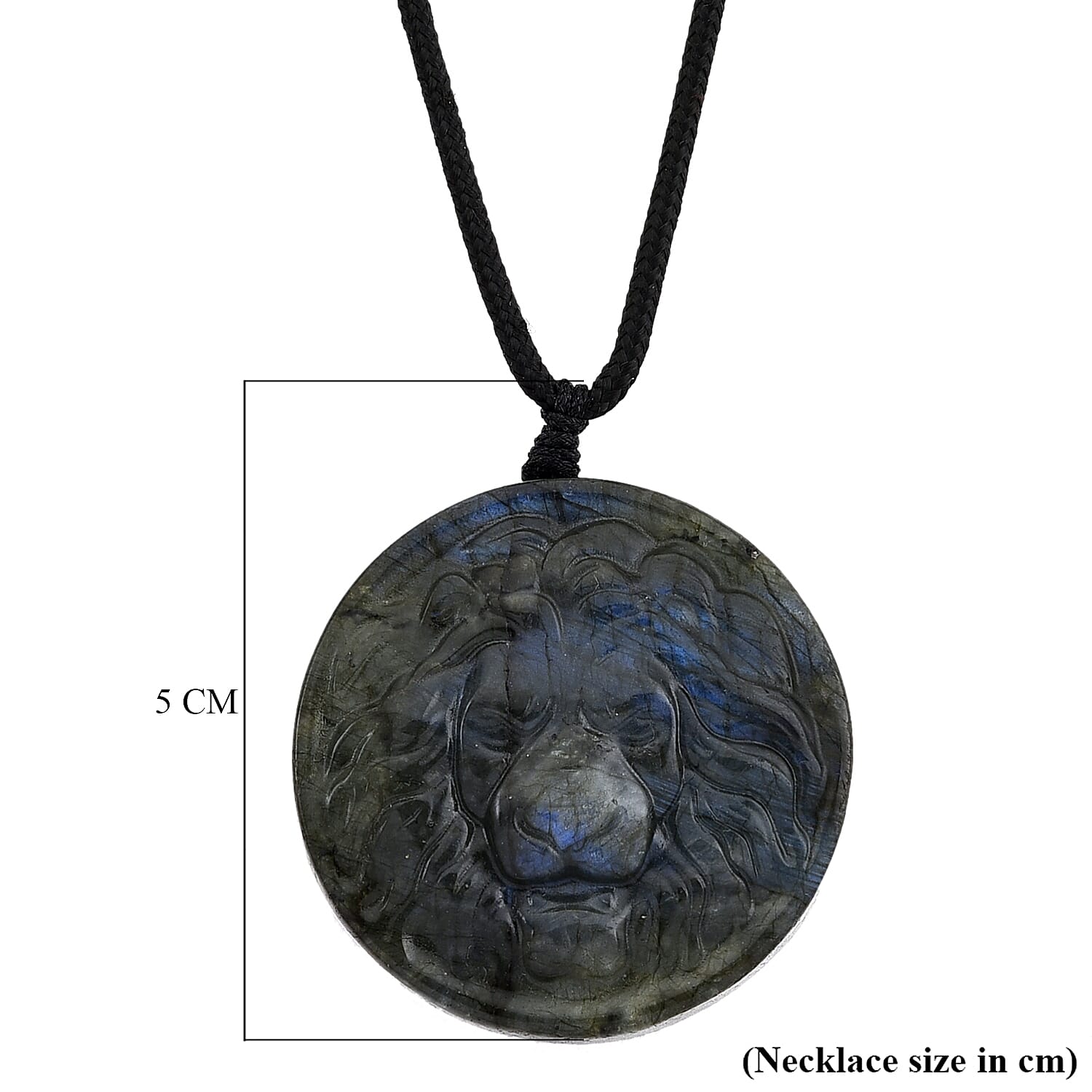 Natural Labradorite Carved Necklace with Adjustable Cotton Thread (Up to Size 28) 140.00 Ct. - Lion
