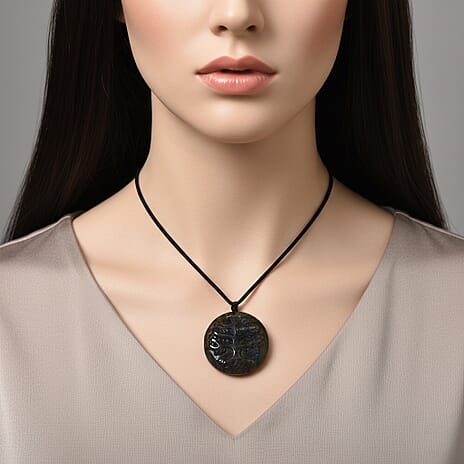Natural Labradorite Carved Necklace with Adjustable Cotton Thread (Up to Size 28) 140.00 Ct. - Lion