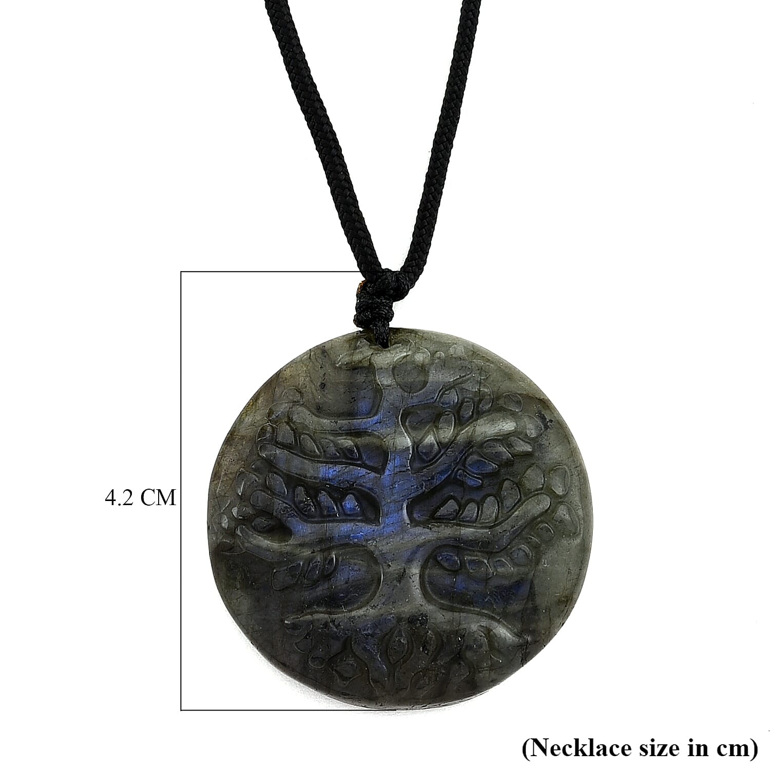 Natural Labradorite Carved Necklace with Adjustable Cotton Thread (Up to Size 28) 140.00 Ct. - Lion