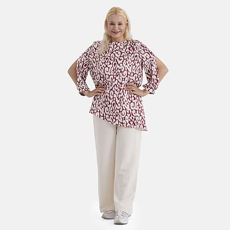 La Marey Silk-Feeling Asymmetrical Hem Printed Top (Size - L-XL, 16 to 22) - Burgundy & Off-White