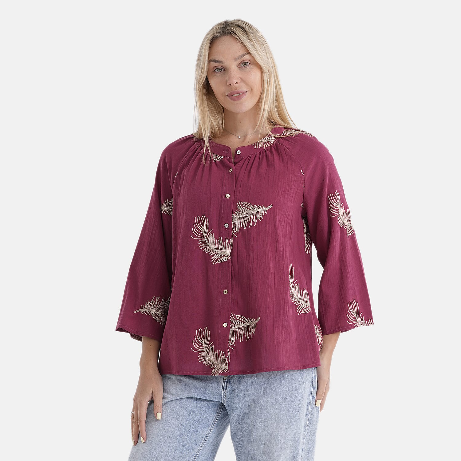 La Marey Cotton Embroidery Long-Sleeve Blouse (Size 8 to 14) - Red