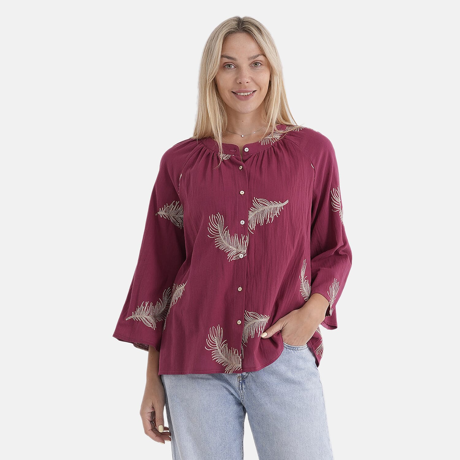 La Marey Cotton Embroidery Long-Sleeve Blouse (Size 16 to 22) - Red