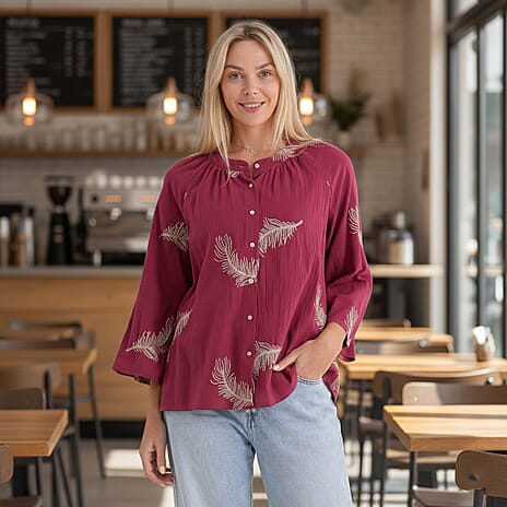 La Marey Cotton Embroidery Long-Sleeve Blouse (Size 16 to 22) - Red
