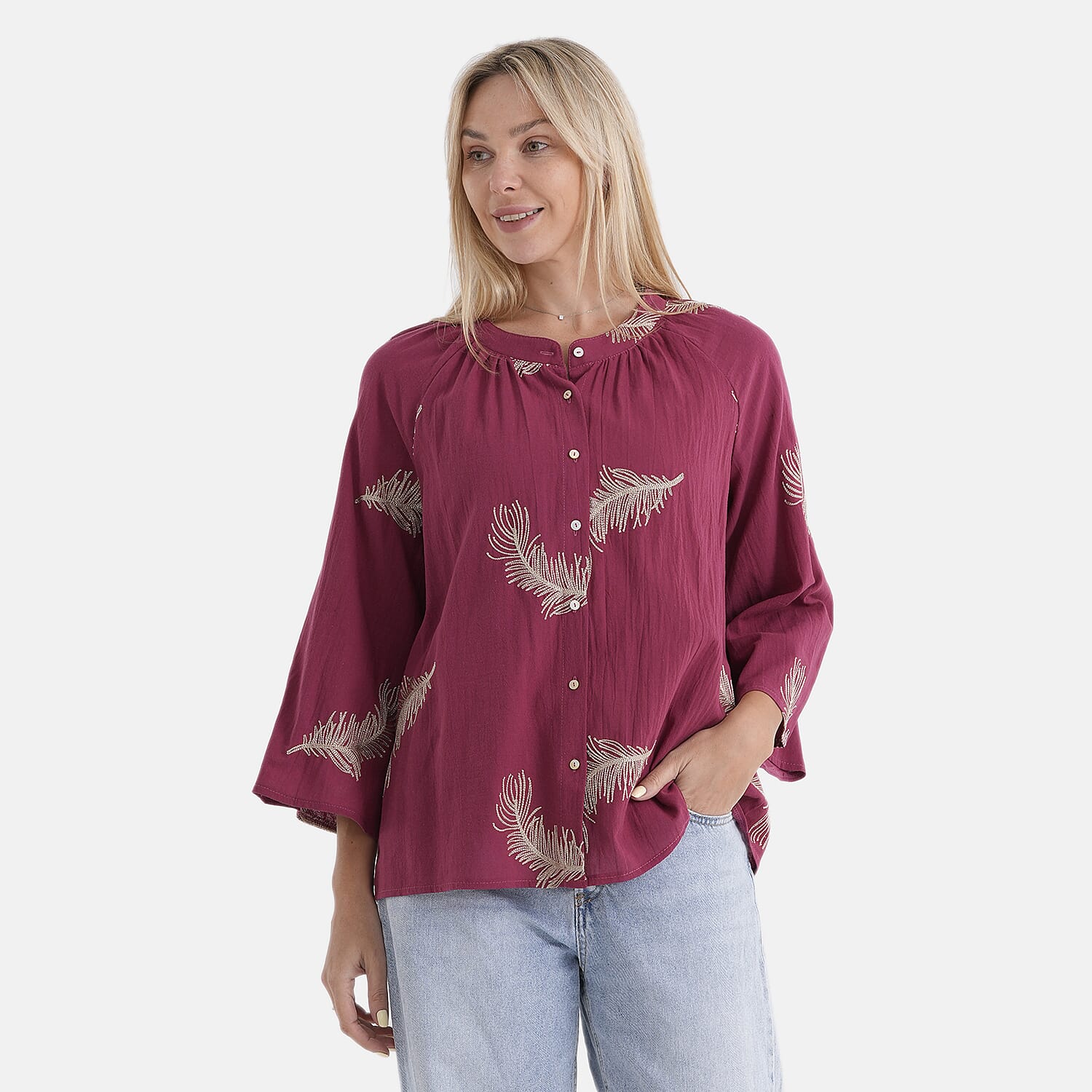 La Marey Cotton Embroidery Long-Sleeve Blouse (Size 16 to 22) - Red