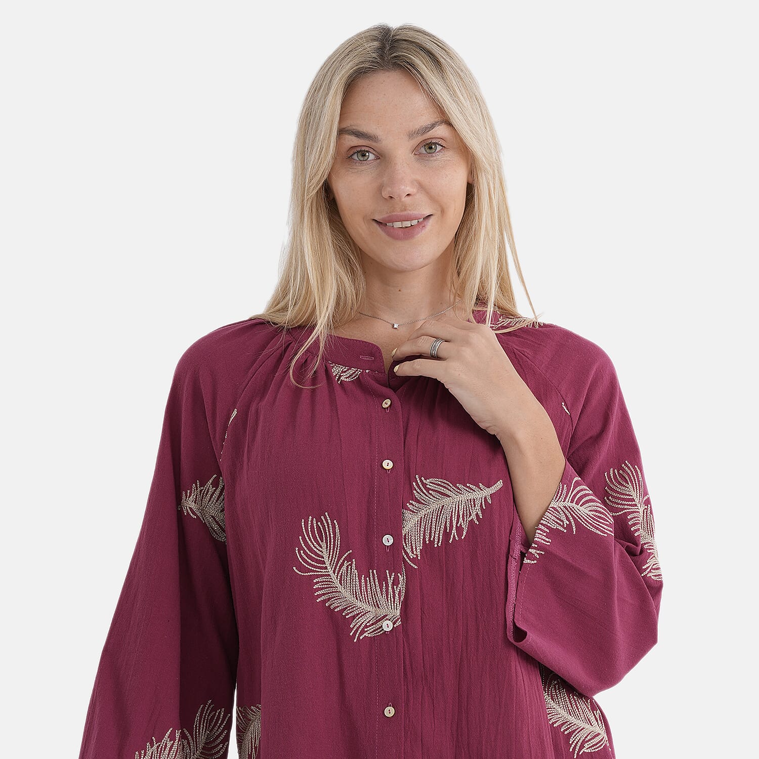 La Marey Cotton Embroidery Long-Sleeve Blouse (Size 16 to 22) - Red