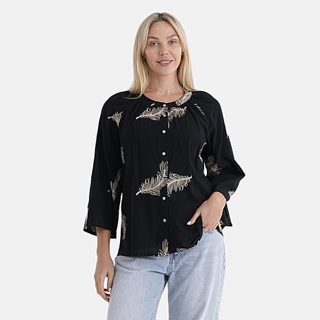 La Marey Cotton Embroidery Long-Sleeve Blouse (Size 8 to 14) - Black