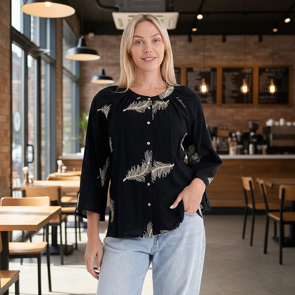 La Marey Cotton Embroidery Long-Sleeve Blouse (Size 8 to 14) - Black