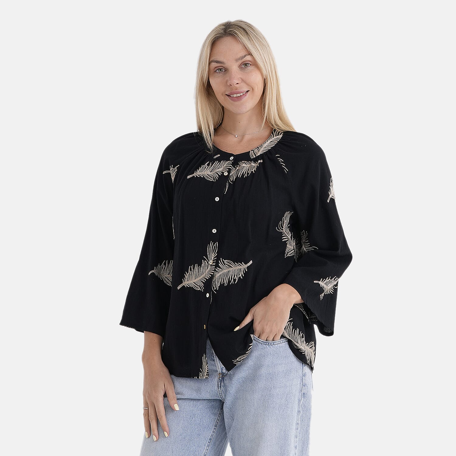 La Marey Cotton Embroidery Long-Sleeve Blouse (Size 8 to 14) - Black