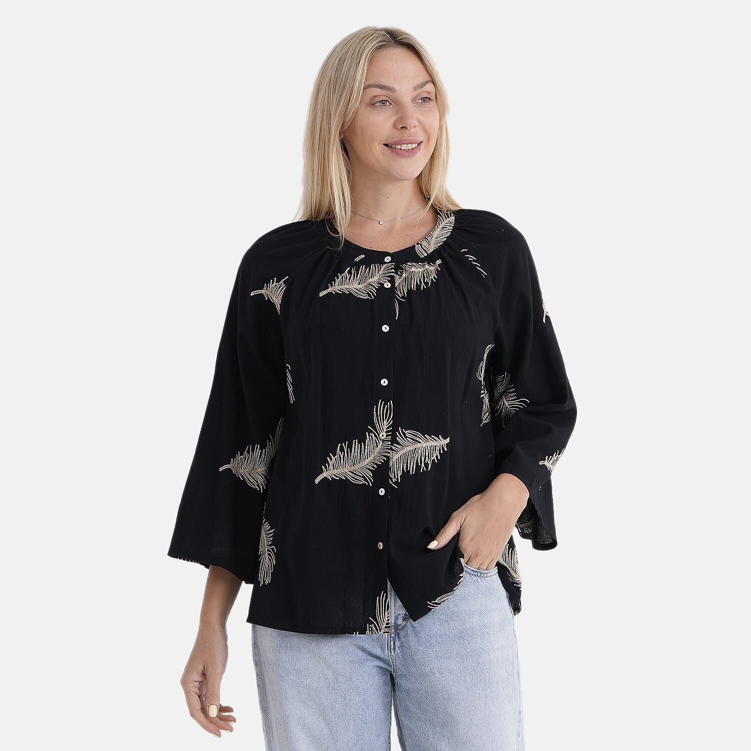 La Marey Cotton Embroidery Long-Sleeve Blouse (Size 16 to 22) - Black