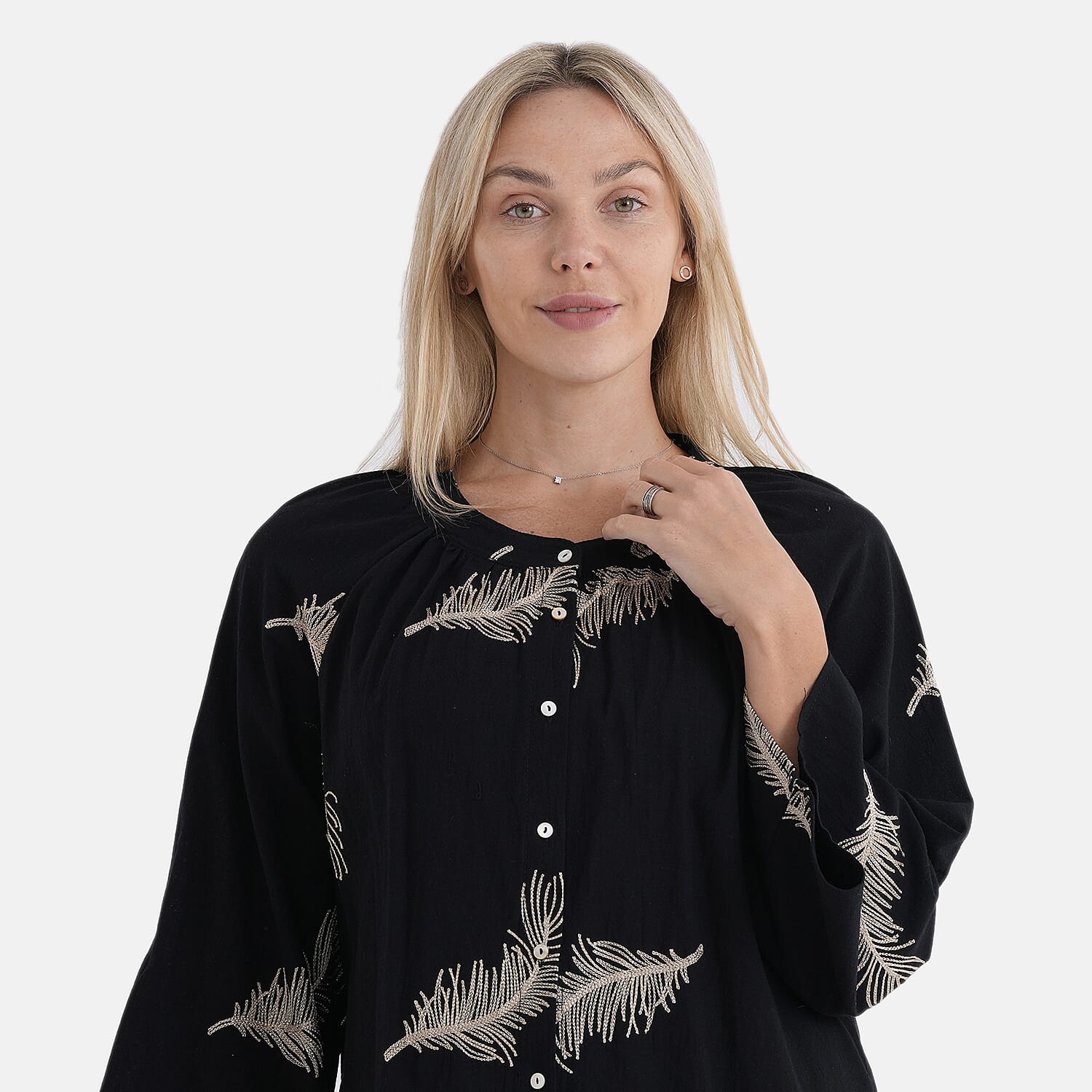 La Marey Cotton Embroidery Long-Sleeve Blouse (Size 16 to 22) - Black