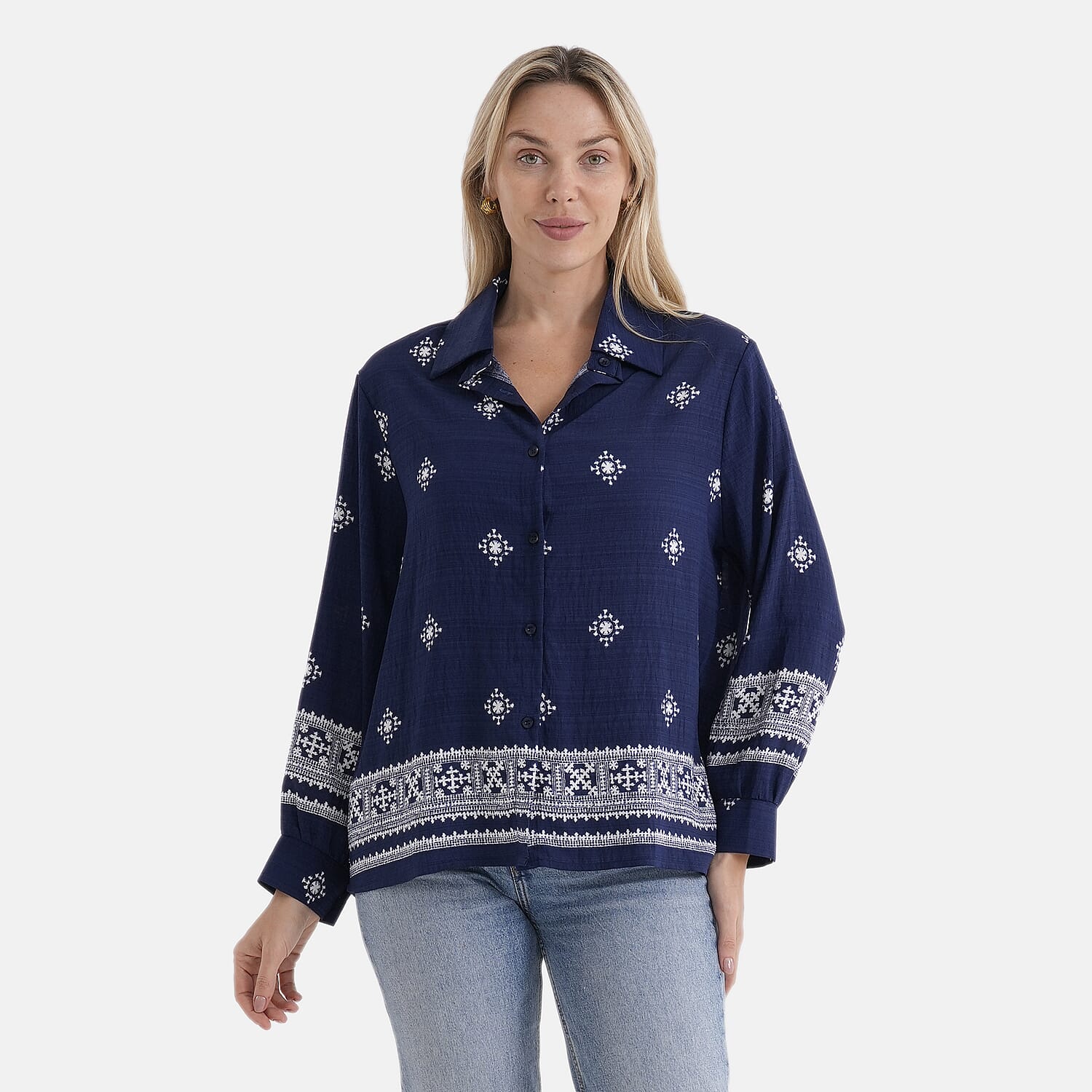 La Marey Placement Print Long-Sleeve Shirt (Size 16 to 22) - Navy Blue