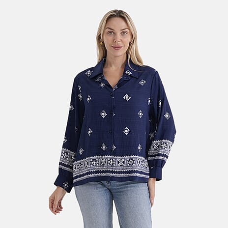 La Marey Placement Print Long-Sleeve Shirt (Size 16 to 22) - Navy Blue
