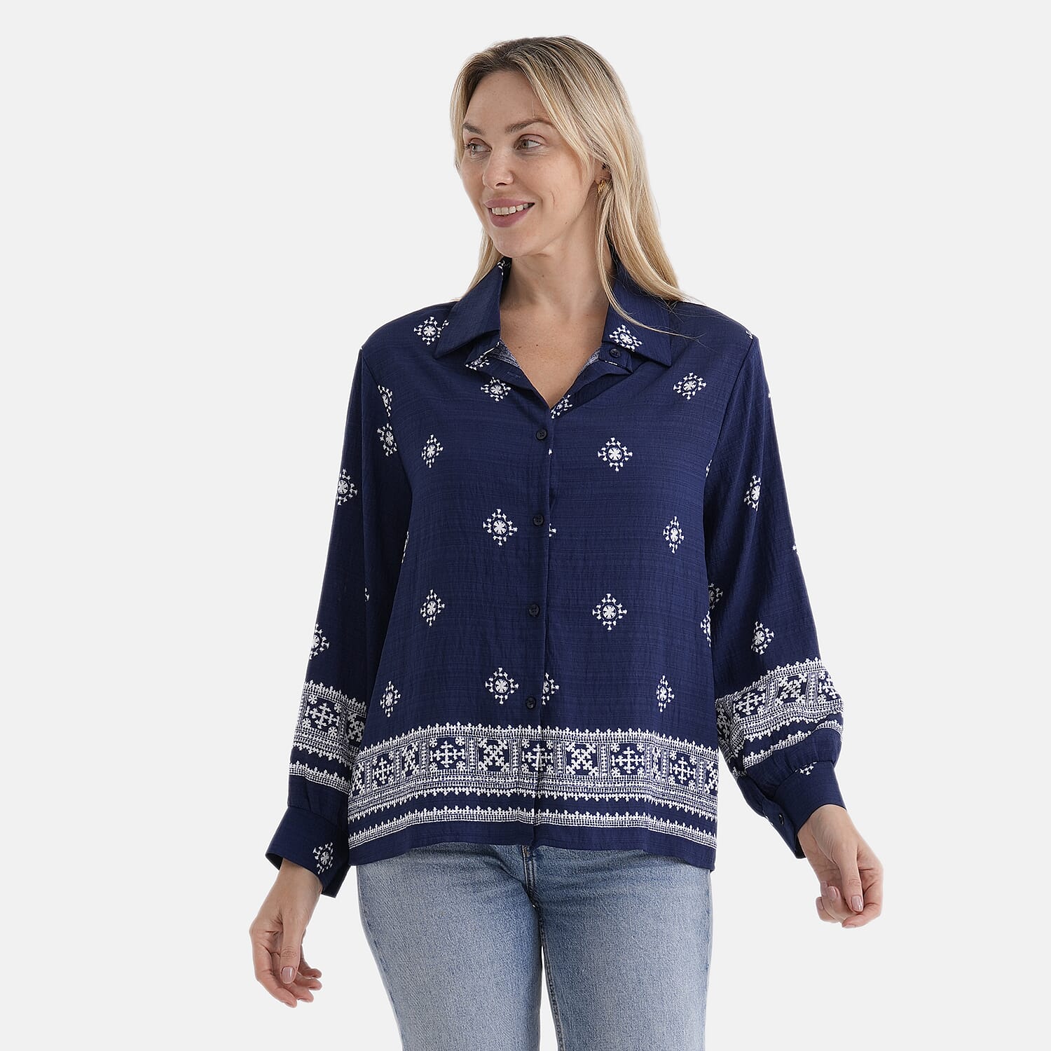 La Marey Placement Print Long-Sleeve Shirt (Size 16 to 22) - Navy Blue