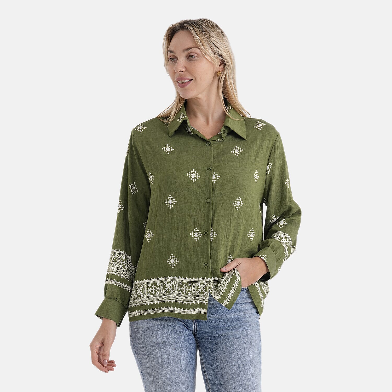 La Marey Placement Print Long-Sleeve Shirt (Size 16 to 22) - Green
