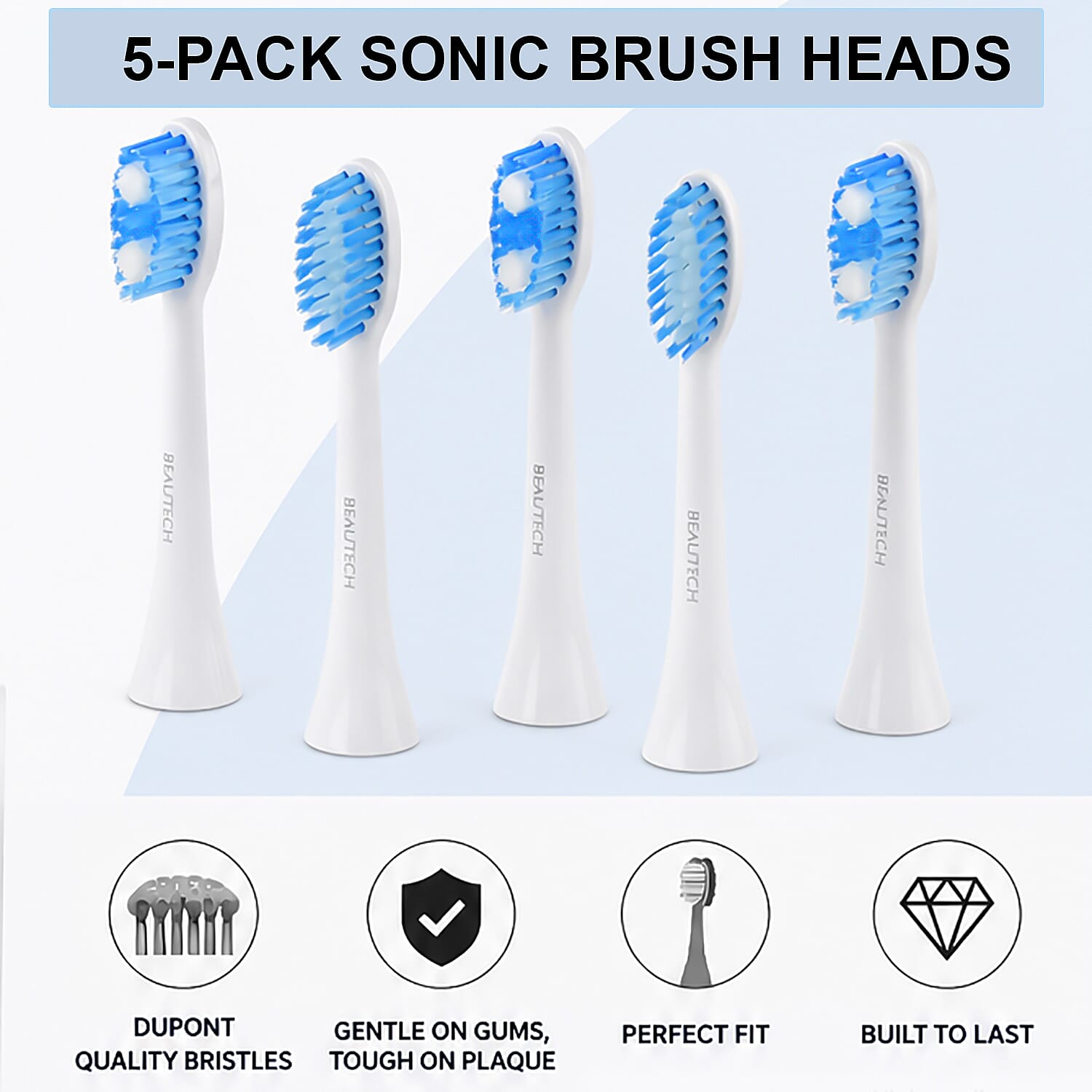 Sonic Toothbrush Replacement Heads Pack of 5 - White Electric Toothbrush Refills (88x68x18mm) - 3 Clean and 2 Sensitive Snap On Brush Heads