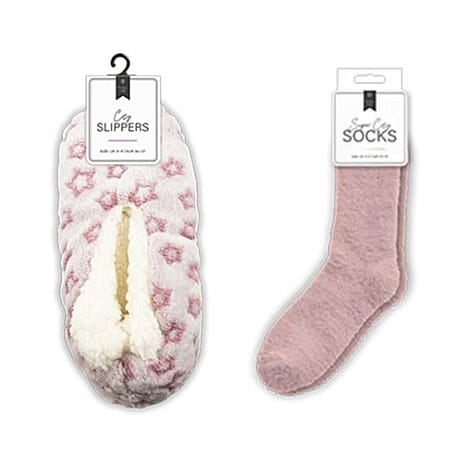 Ladies Cosy Slippers with Socks (UK Size 7-8) - Pink