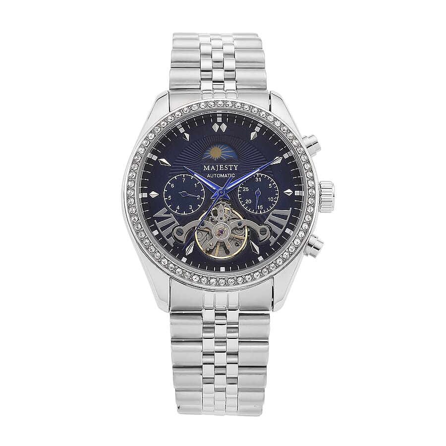 MAJESTY Multifunctional Automatic 3ATM WR Blue Literal Dial & Silver Crystal Case Mens Watch with Silver Stainless Steel Strap 0.01 Ct.