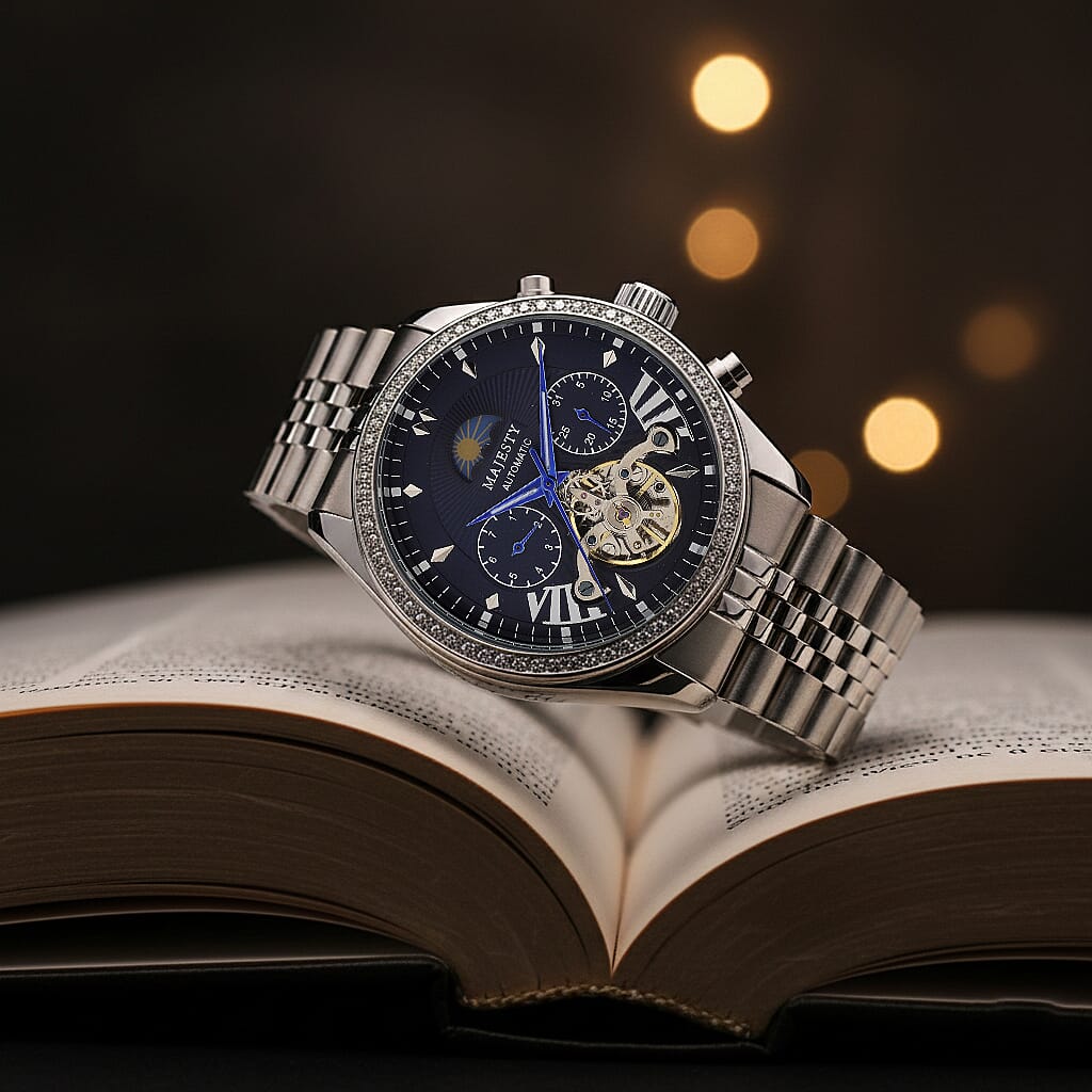 MAJESTY Triumph Multifunctional Automatic Movement Crystal Studded 3ATM Day and night element Stainless steel Strap Watch