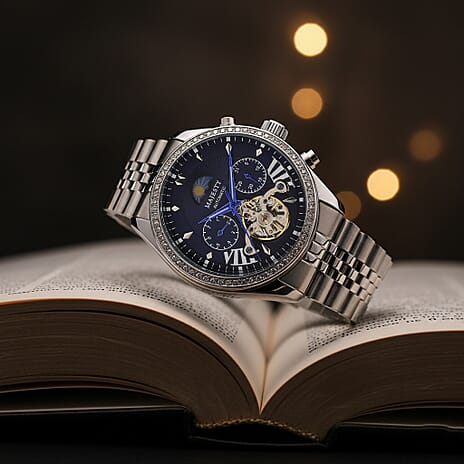 MAJESTY Multifunctional Automatic 3ATM WR Blue Literal Dial & Silver Crystal Case Mens Watch with Silver Stainless Steel Strap 0.01 Ct.