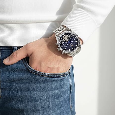 MAJESTY Multifunctional Automatic 3ATM WR Blue Literal Dial & Silver Crystal Case Mens Watch with Silver Stainless Steel Strap 0.01 Ct.